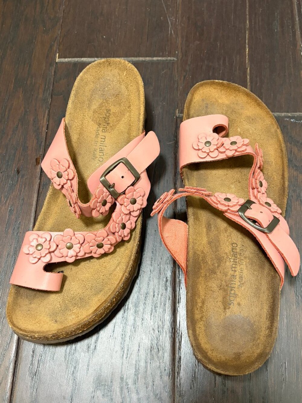 Sophia Milano Pink Floral Leather Toe-Loop Sandals Made in Italy Women *9* READ*